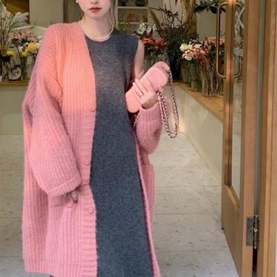Lässiger und träger Stil mittlerer und langer Strick-Cardigan-Top Damen Herbst und Winter neue Atmosphäre Retro-Pulloverjacke