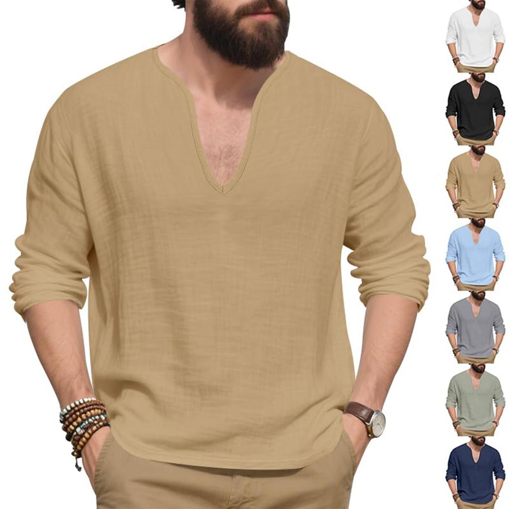 Mens Linen Shirts Loose Fit Long Sleeve T Shirt Solid V Neck Hippie Yoga Pullover