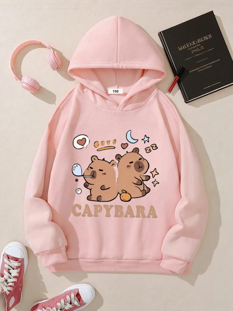 Kids Capybara Hoodie Cute Animal Graphic Print Kawaii Pullover Sweatshirt Girls Boys Cartoon Streetwear Casual Autumn Winter