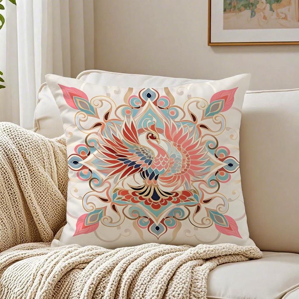 Chinese Phoenix Pattern Elegant Design Art Cushion Cover Linen Pillowcase Soft for Sofa Bed Home Room Decor