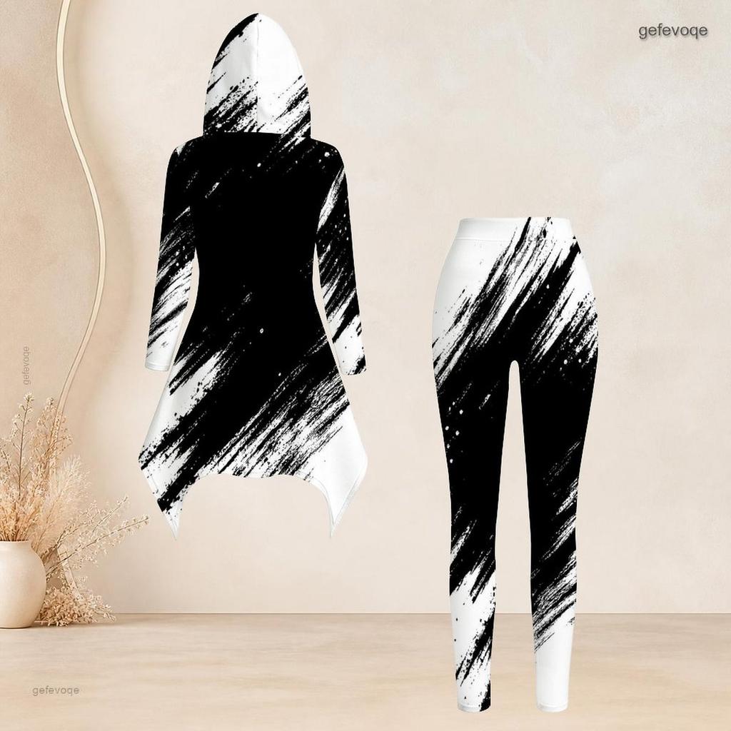 Women Plus Size Two Piece Set Black White Geometric Printed Hooded Long Sleeve High Low Top Fitted Pants