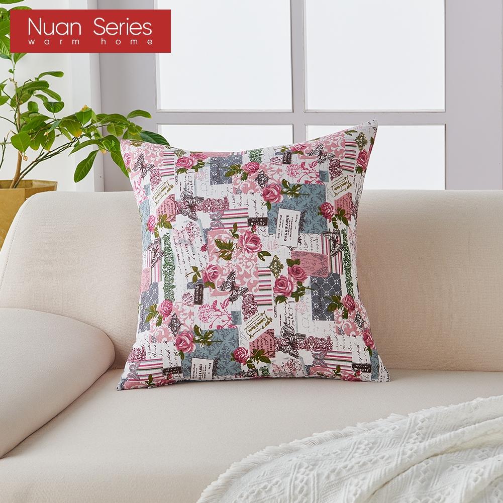1PC Nuan Series Retro Romantic Printed Pillowcase Cotton Linen Comfortable Pink Pillowcase for Sofa Bed Living Room Bedroom Home Decor