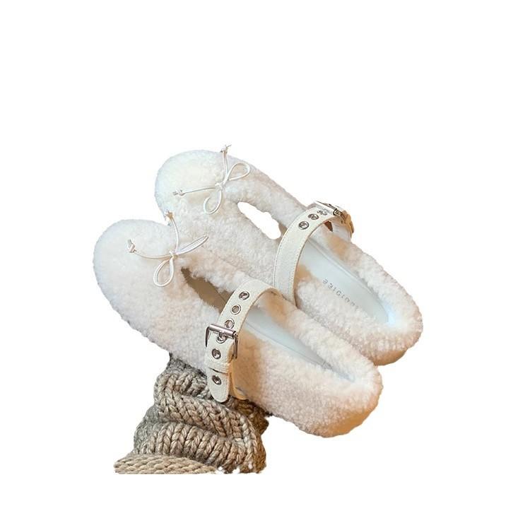 Traubenmutter gleiche miu Liebling~ Schleife flache Mary Janes Lammwolle einzelne Schuhe Damen Ballerinas