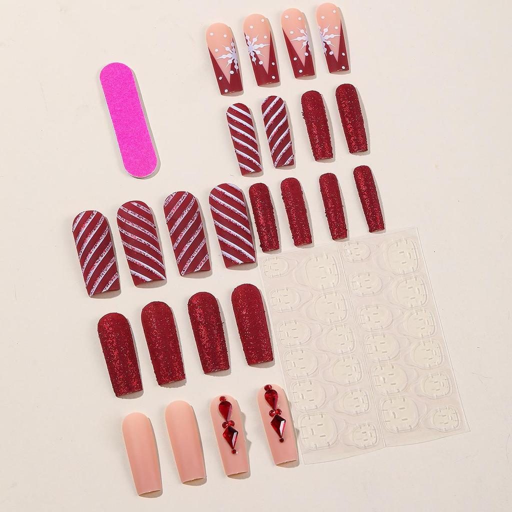 Świąteczne Czerwono-Białe Paskowane Paznokcie Press-On z Brokatowymi Płatkami Śniegu i Cyrkoniami