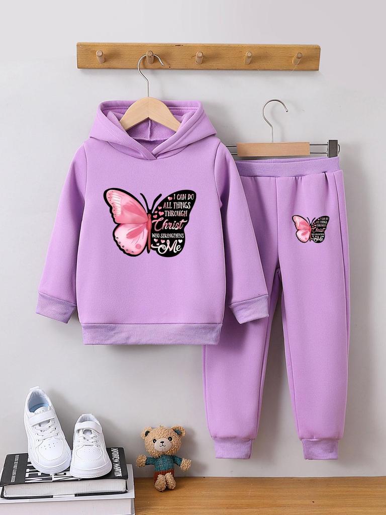 Completo Due Pezzi Felpa con Cappuccio Farfalla per Ragazze: Pullover di Velluto Cartone Animato Carino per Autunno e Inverno