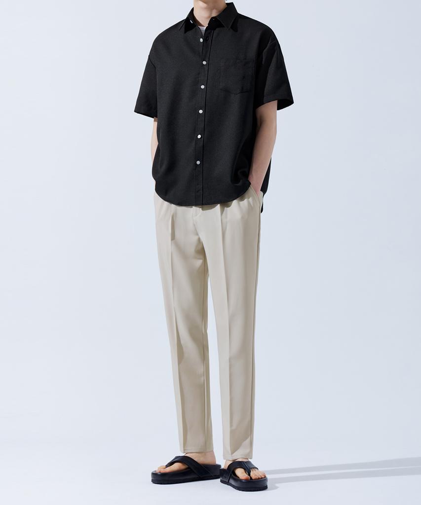 Top Boy Solid Wrinkle-Free Loose Fit Plain Short Sleeve Shirt Black