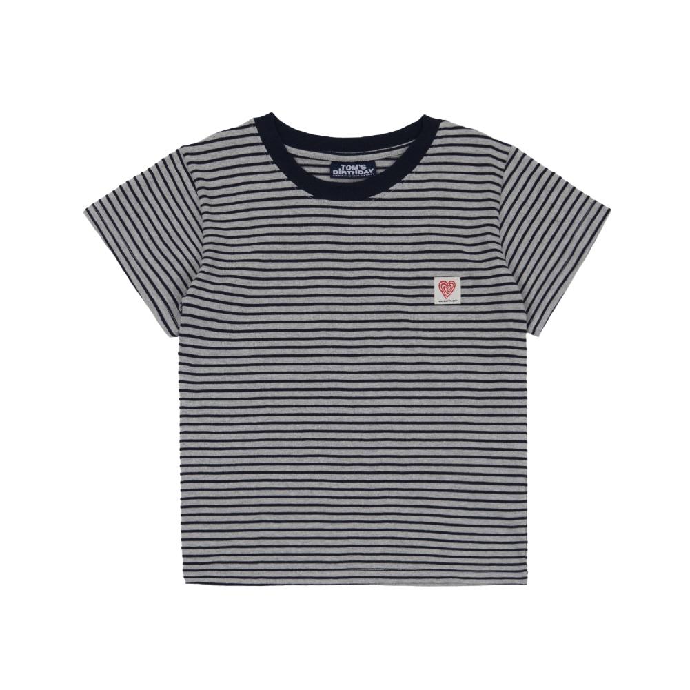 Tomseubeolseudei Heart Patch Striped Half T-Shirt Gray