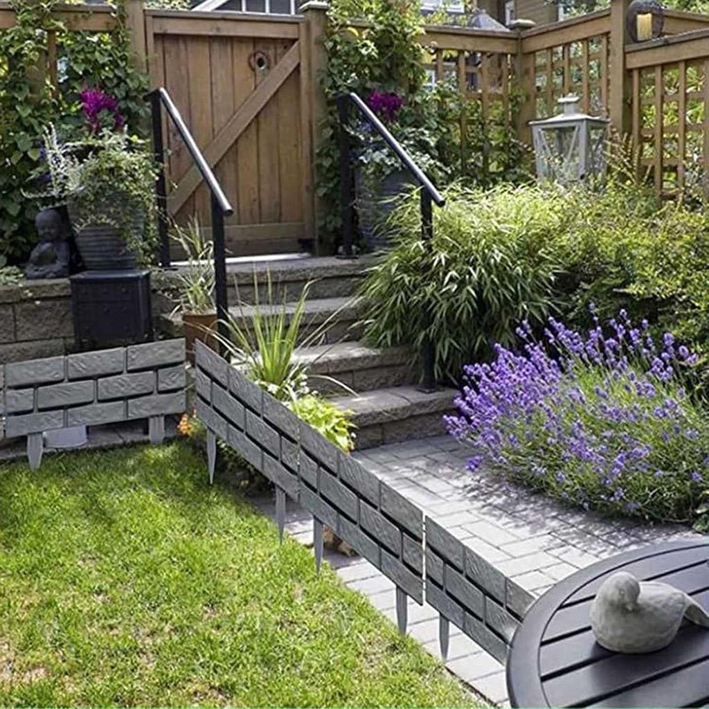 Valla de Borde para Césped de Jardín Exterior Ladrillo Piedra Aspecto Bordes Sin Excavar Encajables Borde de Paisaje Kits Decorativos Plástico 5 PIEZAS (Gris-5pcs)