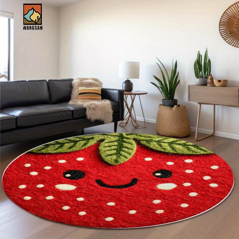 Strawberry Smile Round Rug Flannel Red Green Cute Fruit Design Bathroom Kitchen Entryway Non Slip Soft Floor Mat Kids Gift
