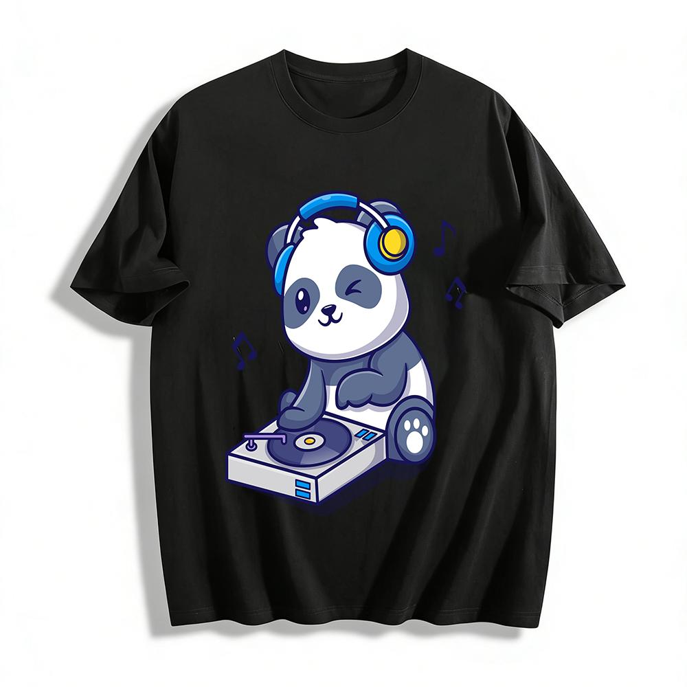 Cool DJ Panda Print Casual T-Shirt Trendy Music Style Top For All Pure cotton T-shirt XXS