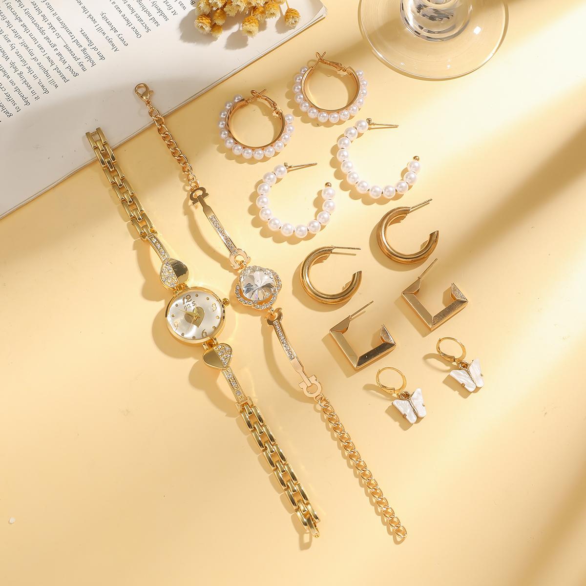 

Модные Женские Кварцевые Часы с Алмазами в Форме Сердца на Стальном Браслете, Набор Ювелирных Изделий, Набор из 12 Предметов для Праздничного Подарка золотой