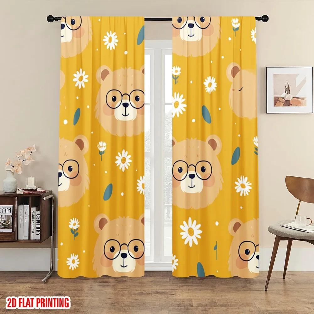 

Набор из 2 штор Jit с милым мишкой и цветочным узором, полиэстер, для гостиной, детской комнаты, шторы, сделанные для окон, где сидят W100*H70(CM)-Rod Pocket&1PCS