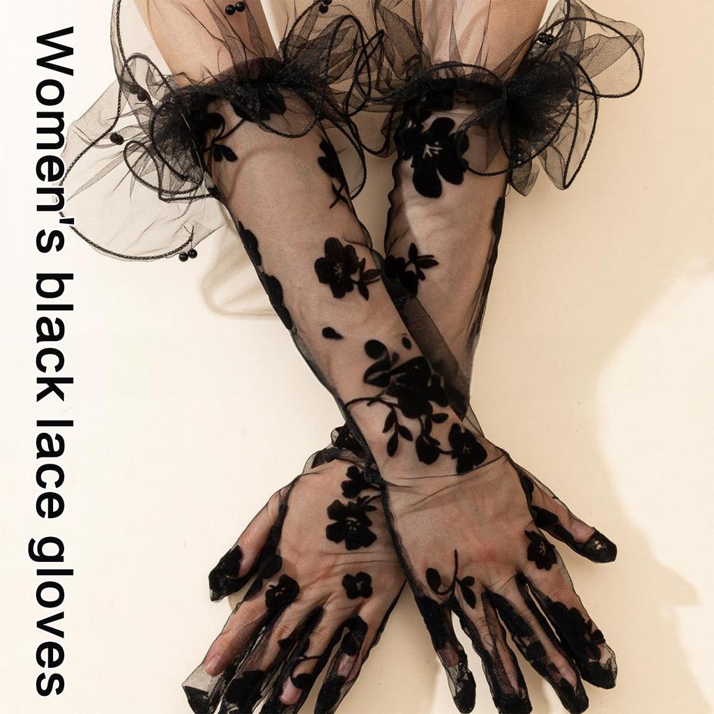 Long Lace Gloves Banquets Dress Gloves Vintage Prom Party Flower Pattern Gloves Elastic Evening Party Adult Gloves