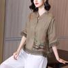 WTEMPO Retro Ramie Embroidery T-shirts Women's Ethnic Style Summer Loose Stand Collar Shirts Casual Chic Elegant Tops