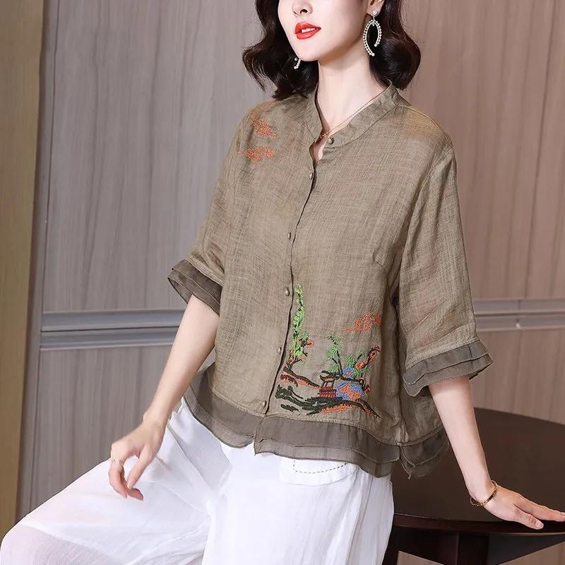 WTEMPO Retro Ramie Embroidery T-shirts Women's Ethnic Style Summer Loose Stand Collar Shirts Casual Chic Elegant Tops