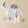 ZANZEA Women Casual Turn Down Collar Loose Short Sleeve Funny Print Stripe Blouse