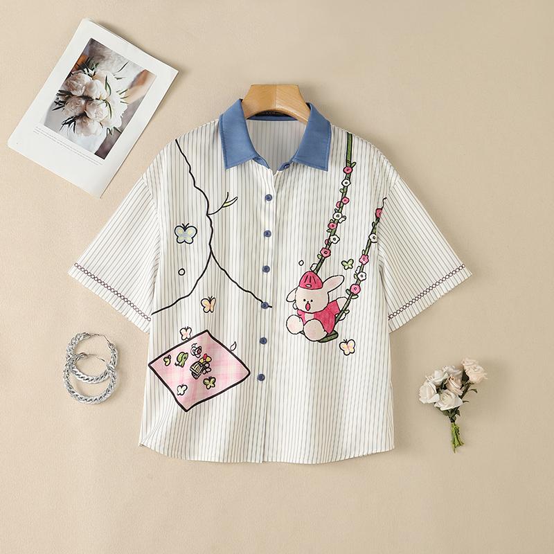 ZANZEA Women Casual Turn Down Collar Loose Short Sleeve Funny Print Stripe Blouse