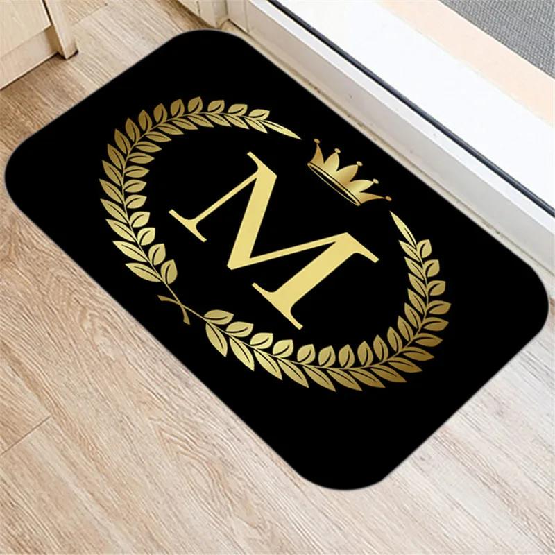 Kitchen Bathroom Non-slip Floor Mat Style Indoor Rug Black Gold Crown Letter Decoration Entrance Door