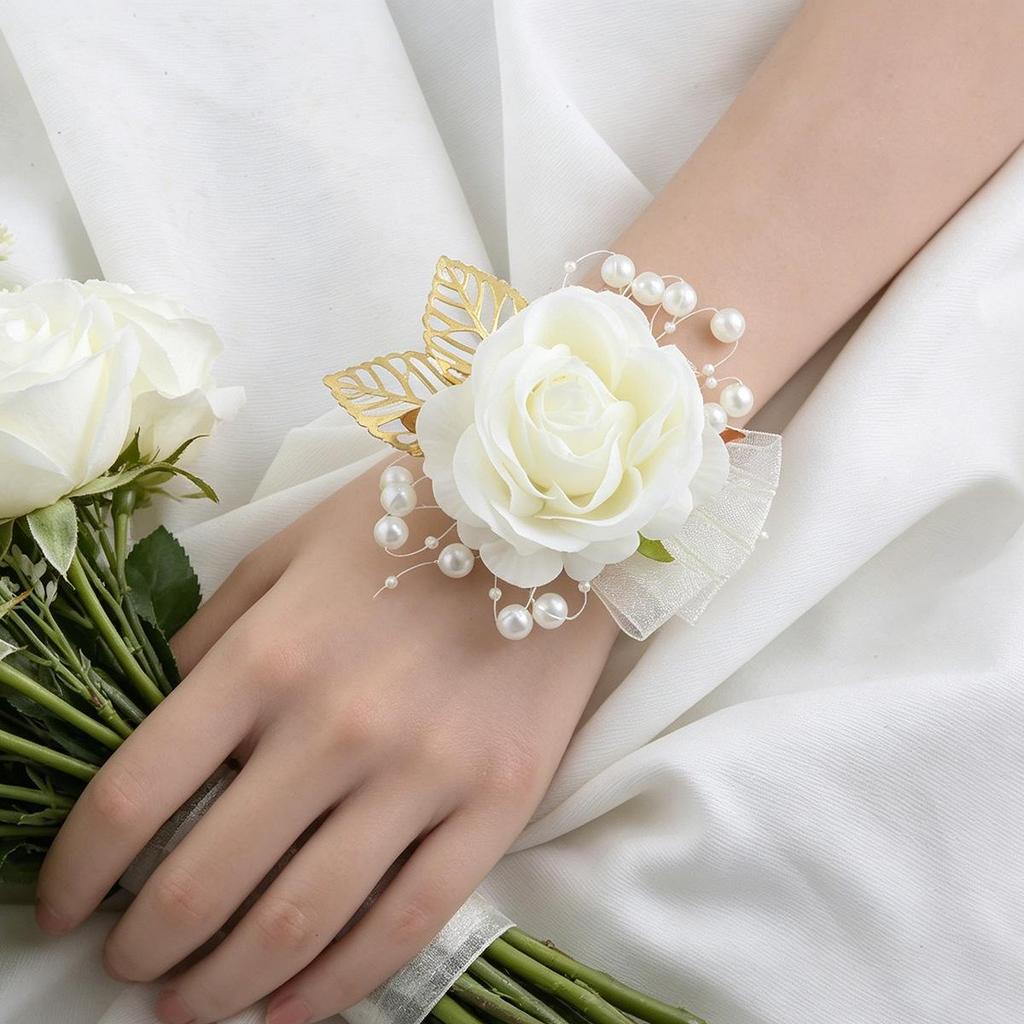 Milk-Colored Silk Rose Wrist Corsage for Brides, Bridesmaids & Sisters (SW6528C)