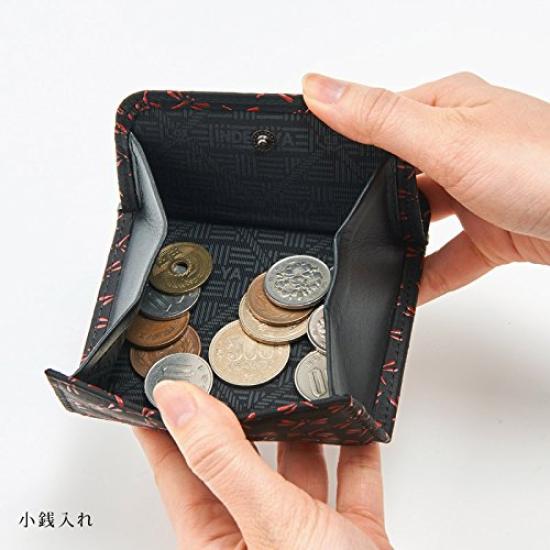 Inden Yushichi Uehara Genuine Leather with Card Coin Purse with Four Sides Model Number Black Background X Red Hemp Leaf Genuine Made In Japan