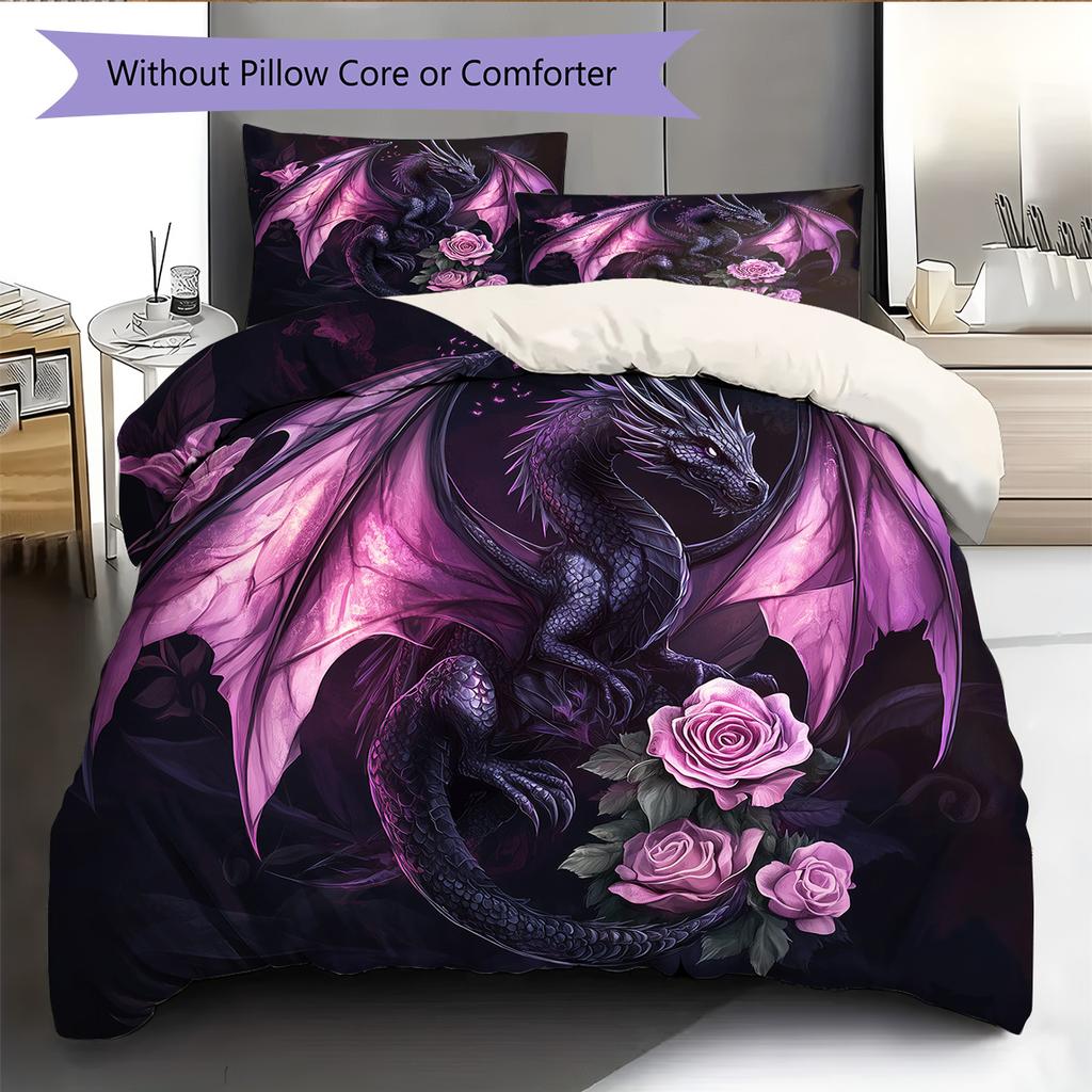Fialový drak Vzor Povlečení Přikrývka Sada Povlak na přikrývku Povlak na polštář Domácí dekorace Dárek (1 * povlak na peřinu + 2 * povlak na polštář, bez jádra)