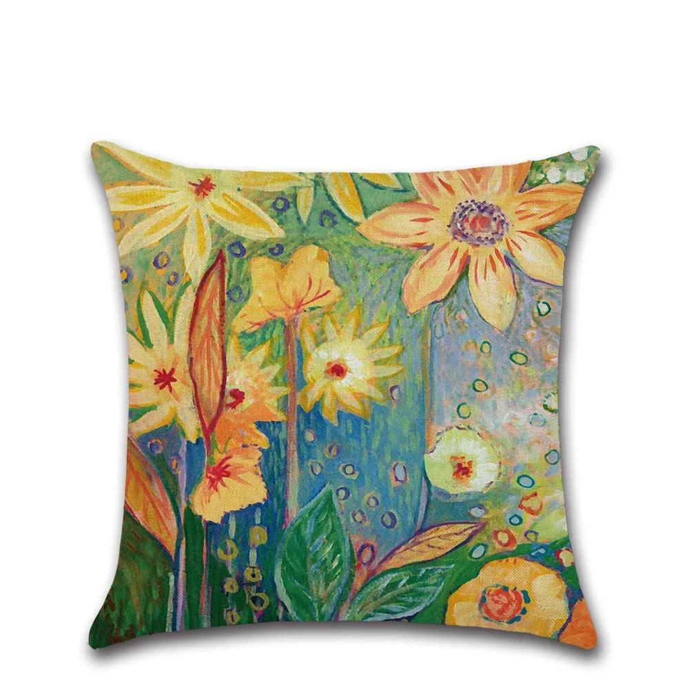 Plants Leaf Sunflower Cushion Cover Linen Decorative Home Sofa Square Pillow Case For Couch Farmhouse Decoration 45X45Cm