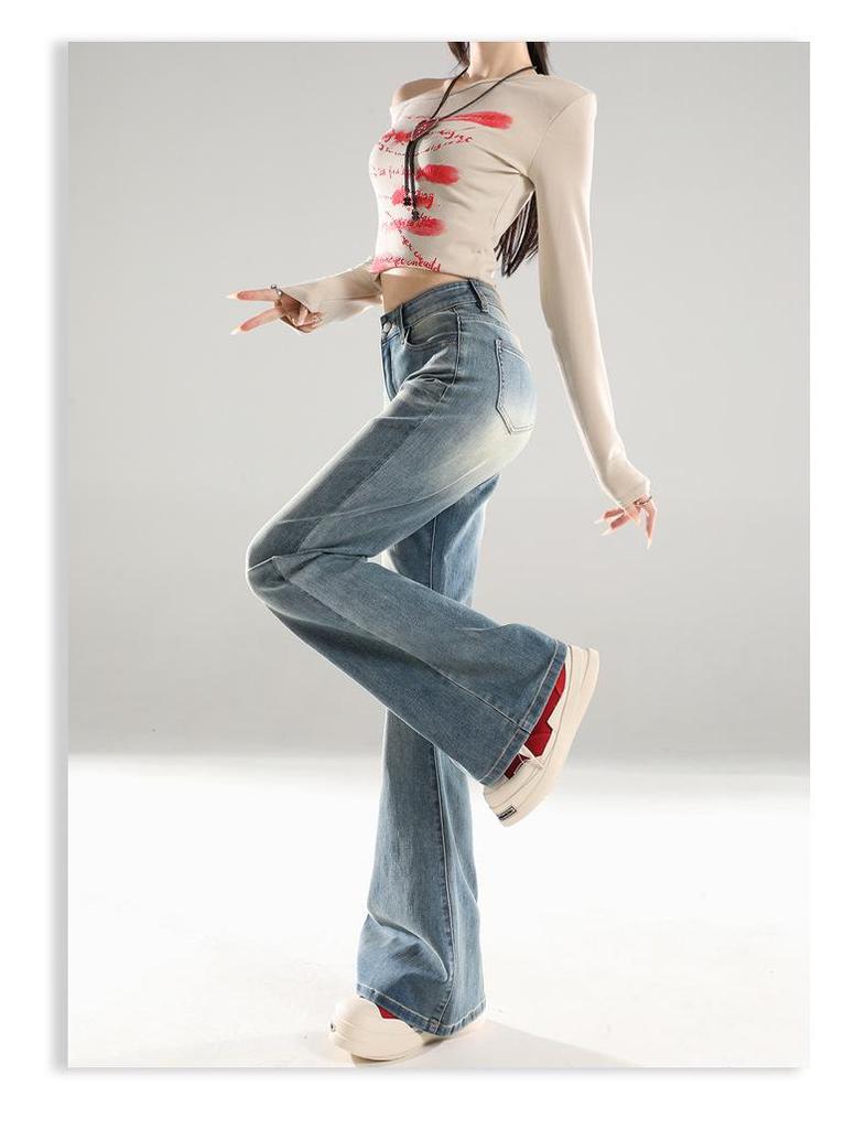 American Retro Mid-Waist Micro-Flare Jeans for Women - 2025 Autumn, Loose Fit, Crease Design