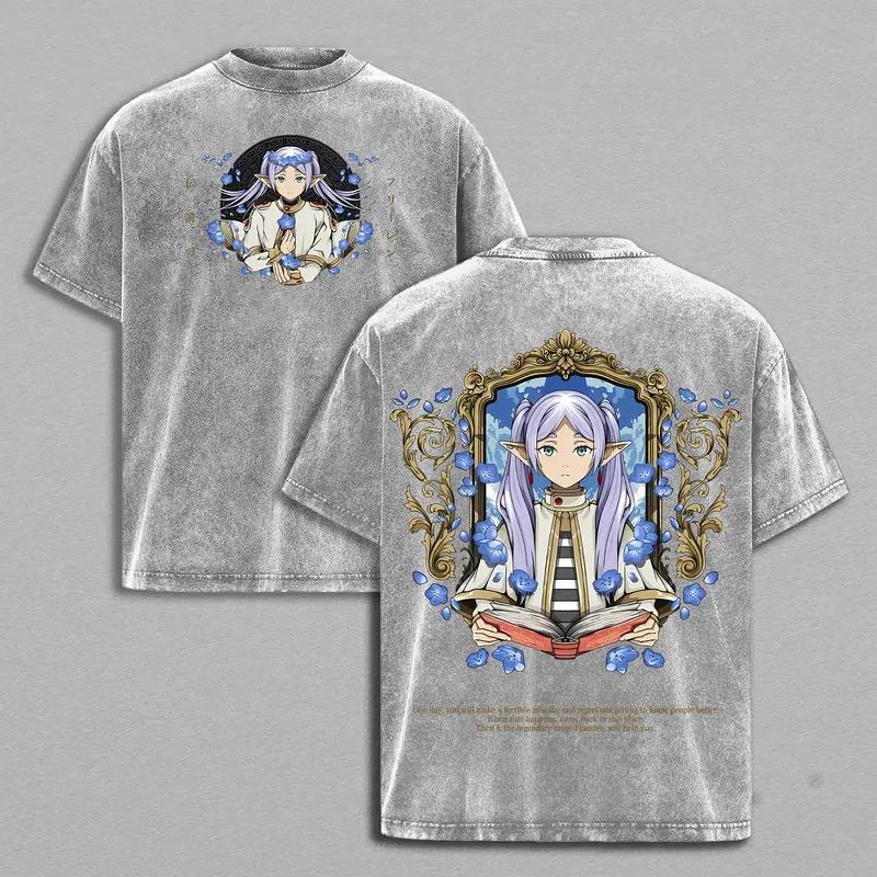 Anime Frieren: Beyond Journey's End Printed Tee Men Women Cotton Tshirts Vintage Washed T-shirt Harajuku Male Oversized T Shirt