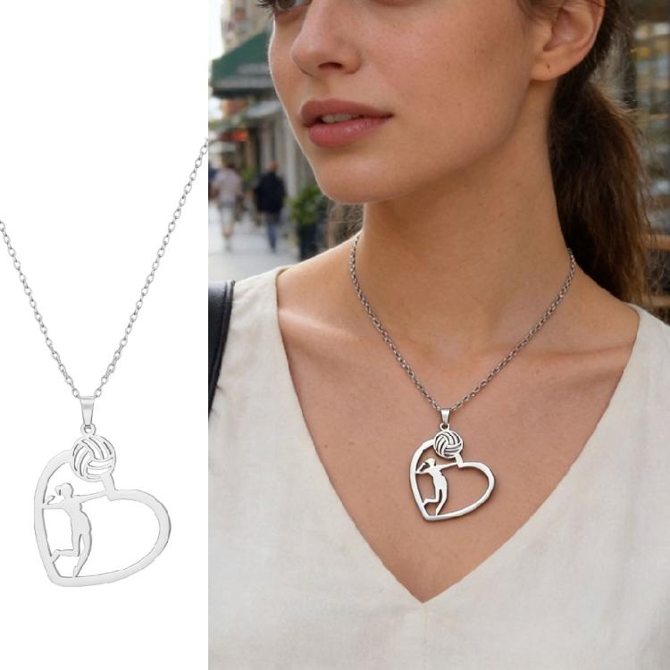 Lightweight Stainless Steel Necklace With Athletic Volleyball Pose And Heart Pendant Neck Chain For Women And Men