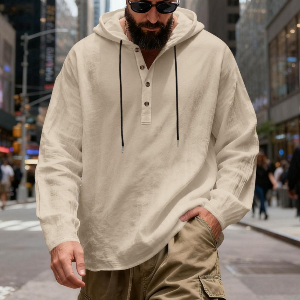 Herren Leinen Kapuzenpullover Leichtes Hawaiihemd Lässiges Strandhemd Mit Taschen
