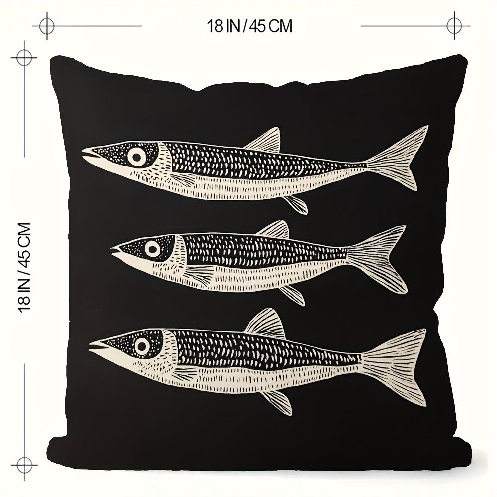 Vintage Fish Pattern Pillow Cover, White Tuna Design On Black Background Cushion Case For Living Room Bedroom Home Decor Gift