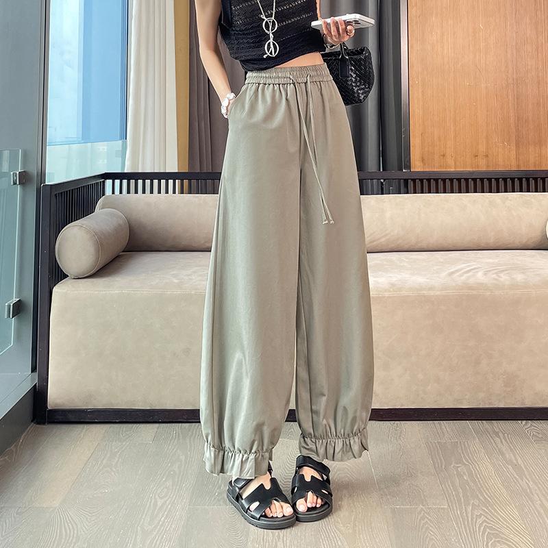 2026 Women's Pleated Ruffle Lace Hem Lantern Pants: Silk Cotton, Tapered Leg, Light and Casual for Spring/Summer