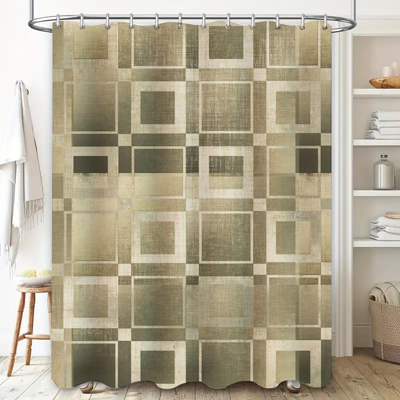 Geometric Bathroom Shower Curtain Set Modern Decor Brown Beige Tones For Home Bath Accessories