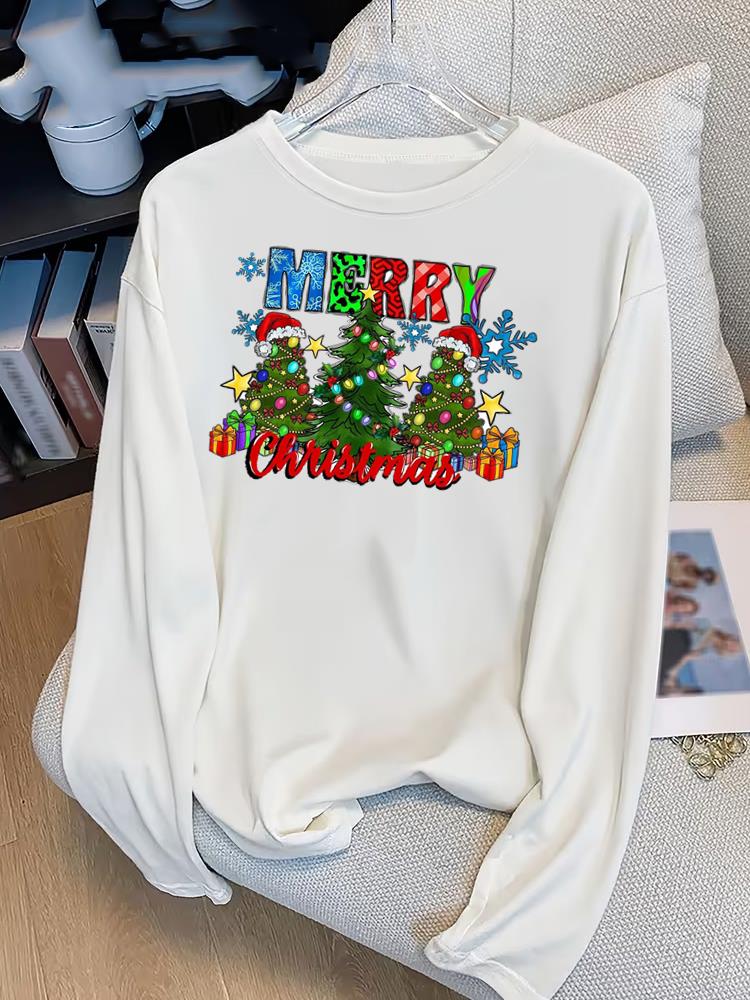(Asian Size) plaid trend cute Print T Shirt Christmas new year Graphic Tee Women autumn winter Casual Fashion Top Clothing Long Sleeve T-shirts