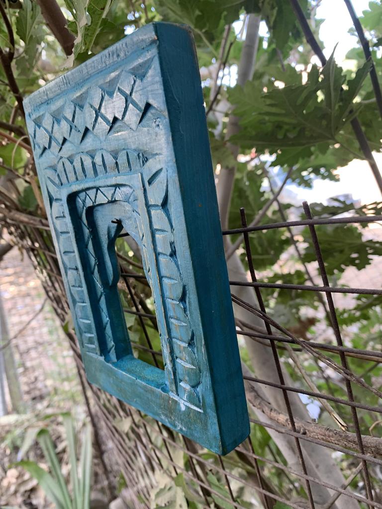 Handcrafted Wooden Wall Frame – Distressed Turquoise Jharokha – Indian Heritage Decor – Vintage Style Wall Hanging