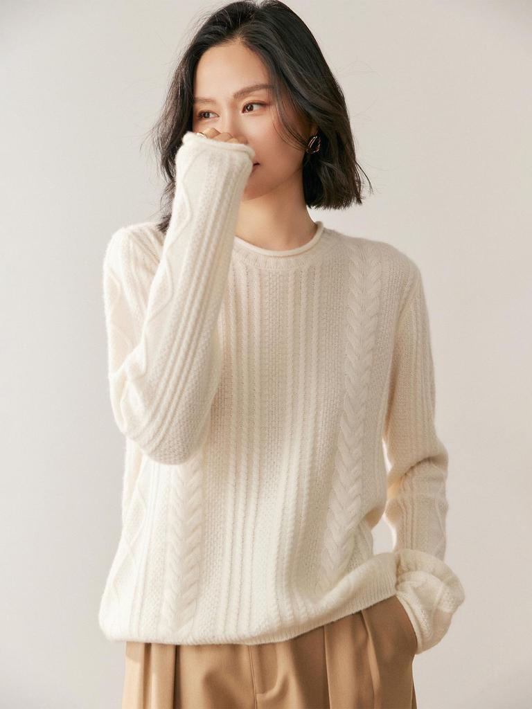 Women's European Style Cashmere Sweater - Round Neck, Thick, Loose Fit, Cable Knit with Diamond Pattern, Perfect for Autumn/Winter.