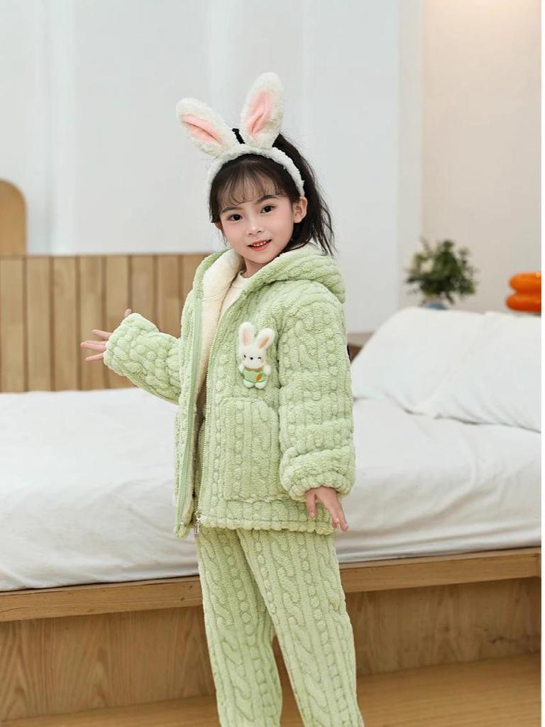 Girls' Cartoon Fleece-Lined Pajama Set - Warm Winter Wear for Babies & Kids
