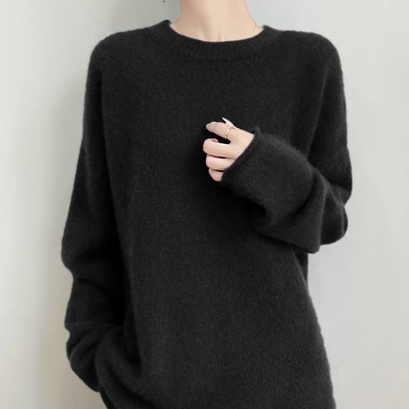 100% Pure Wool Women's Round Neck Knit Sweater - Long Sleeve, Loose, Lazy Style for Autumn/Winter