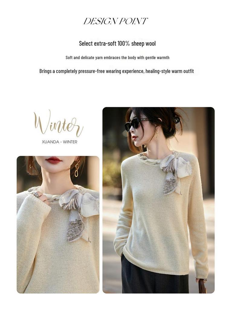 2025 Autumn/Winter Women's Loose Round Neck Ribbon Knit Sweater - Long Sleeve, Cozy Wool Jumper, Elegant Ladies' Top