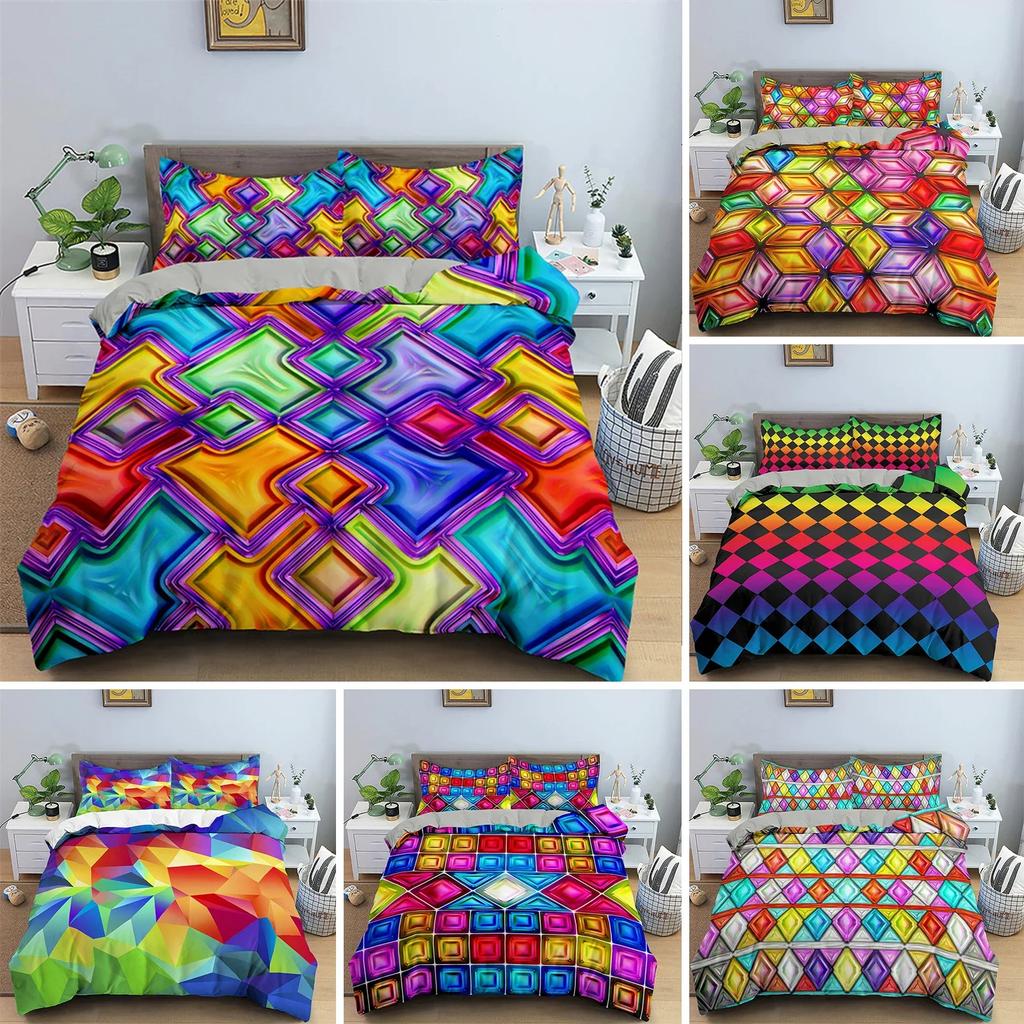 Abstract Geometric Rainbow Plaid Comfortable Duvet Quilt Cover Pillowcase Bedding Set Children Bedroom Decoration Home Textile