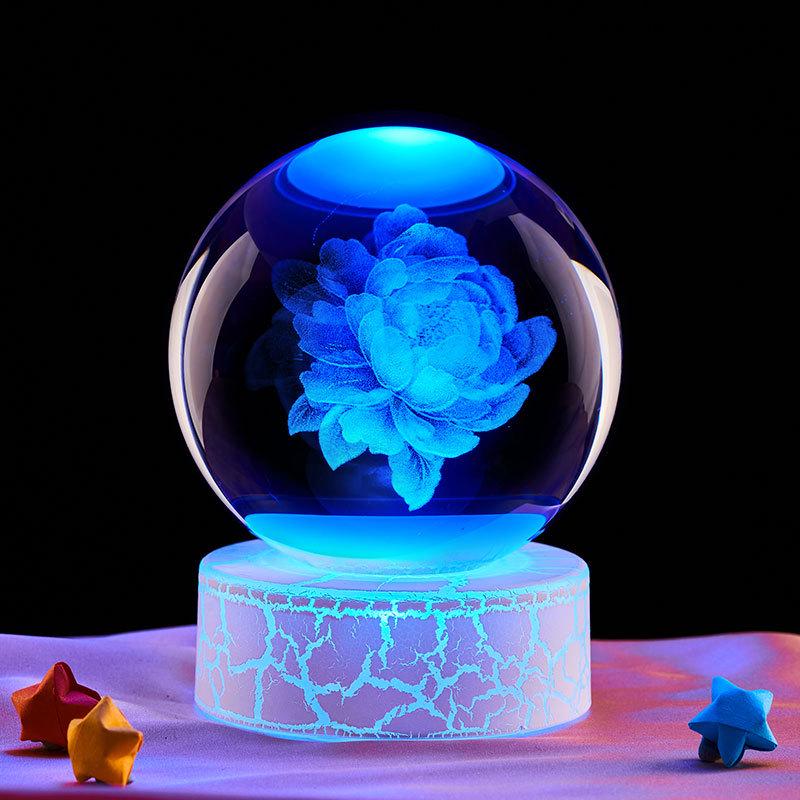 Peony 3D Crystal Ball Night Light - Creative Ornament & Birthday Gift for Qixi Festival