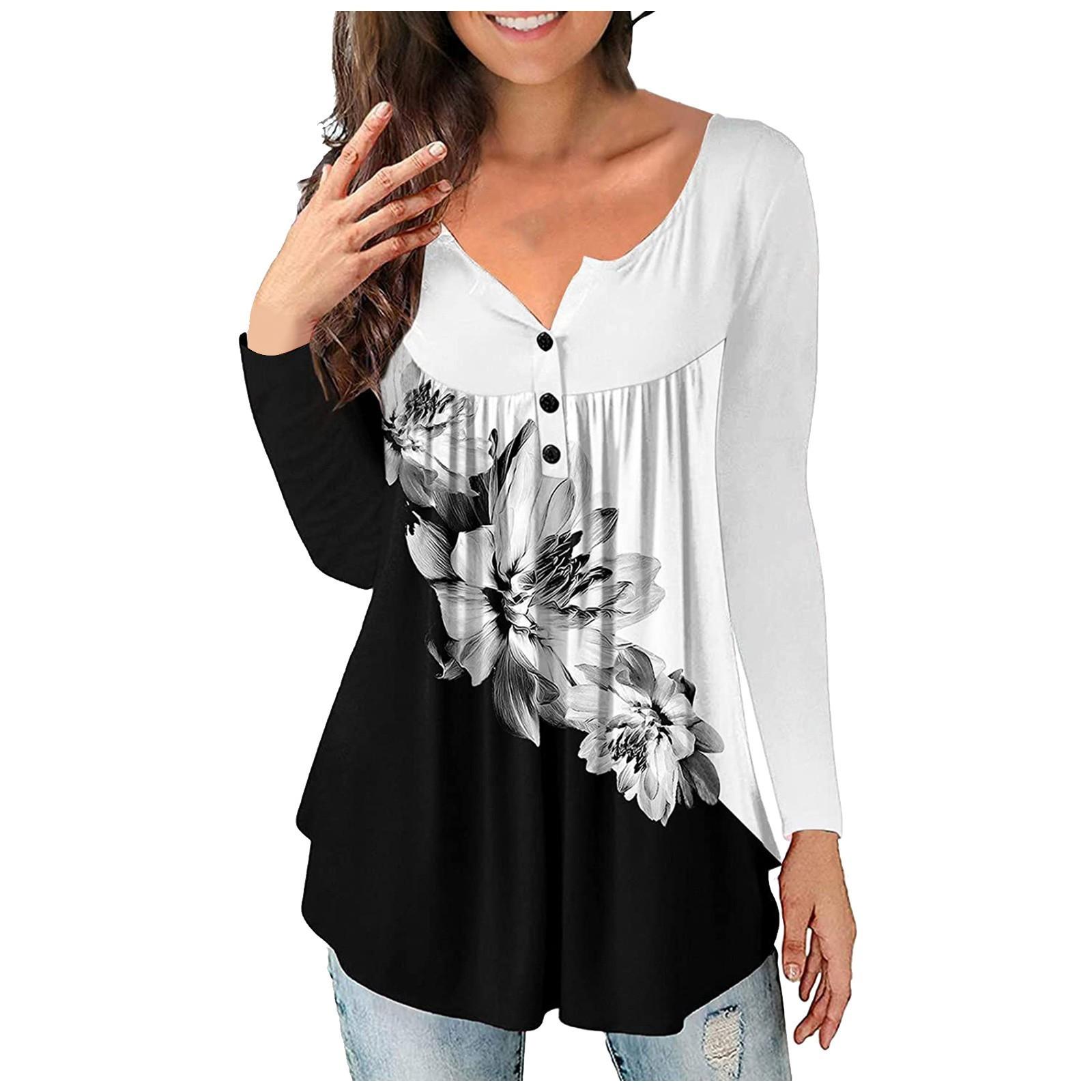 

Women s Loose Floral Print Half-button Top L