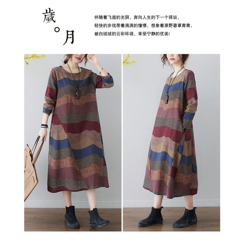 Frühling und Herbst Literarischen Stil Lose Druck Rundhals Langarm Kleid Frau