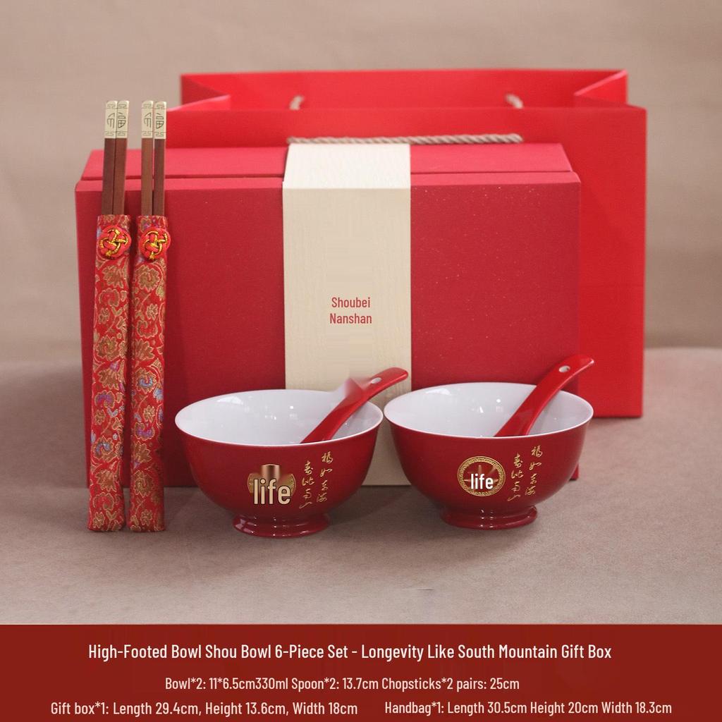 High-Temperature Underglaze Porcelain Longevity Bowl with Chopsticks and Spoon - Ideal Gift for 80th Birthday