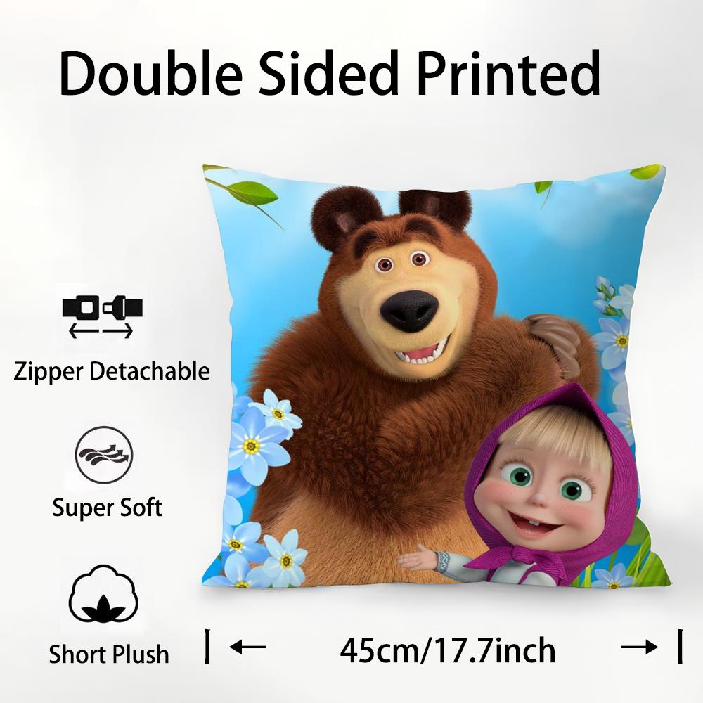 M-Masha And B-Bears Pillow Case Plush Fabric Soft Double Sided Print Sofa Cushion Cover Throw Pillow Covers