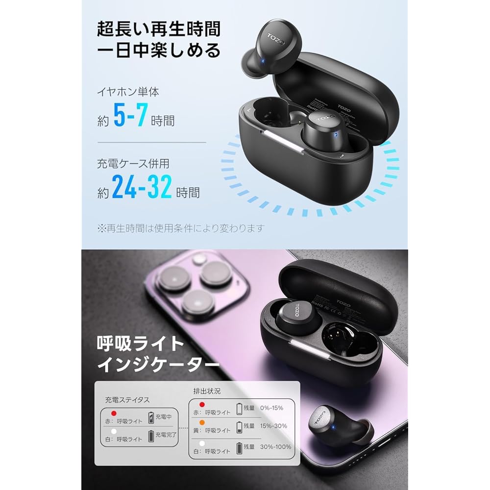 TOZO A1 Earphones Bluetooth Wireless Earphones, Mid-Low Frequency Range, Warm Sound Quality, Small, Lightweight, Comfortable, Built-in Microphone, AI 