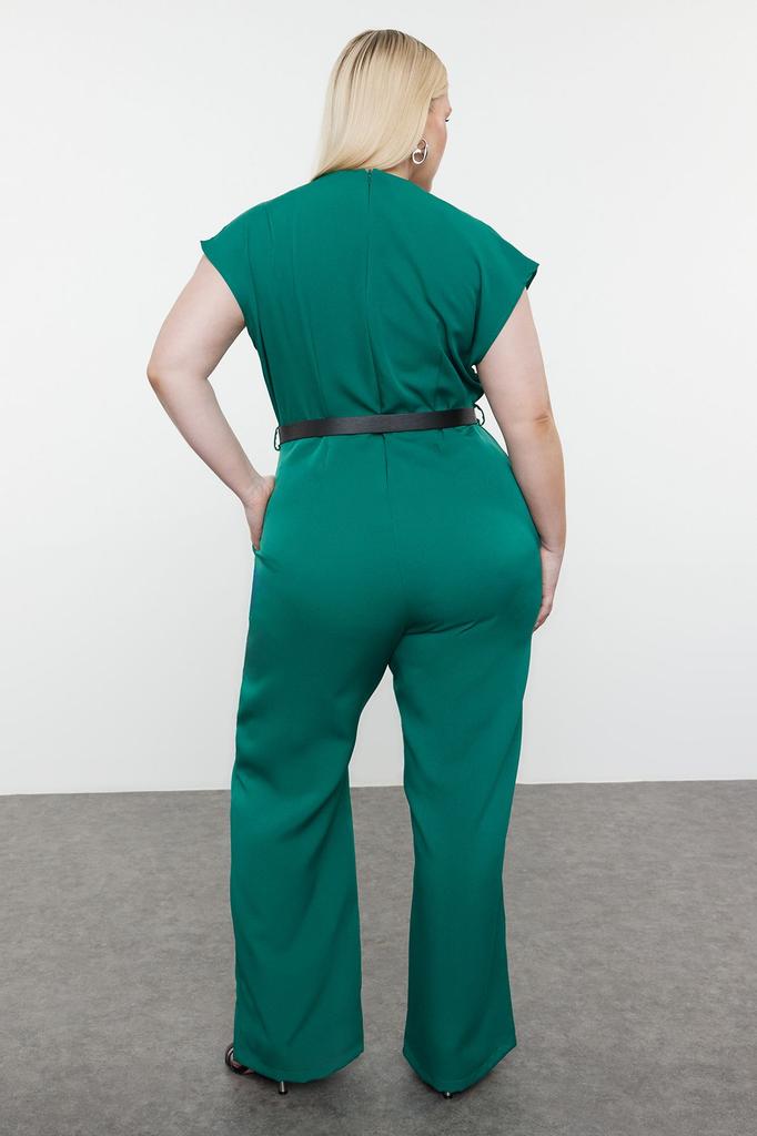 Women's Fashion Emerald Green Belted Double Breasted Collar Plus Size Woven Jumpsuit