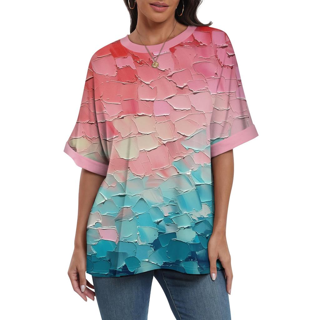 Summer Round Neck 3D Colorful Print Top Fashionable Casual Short Sleeved Women's T-shirts