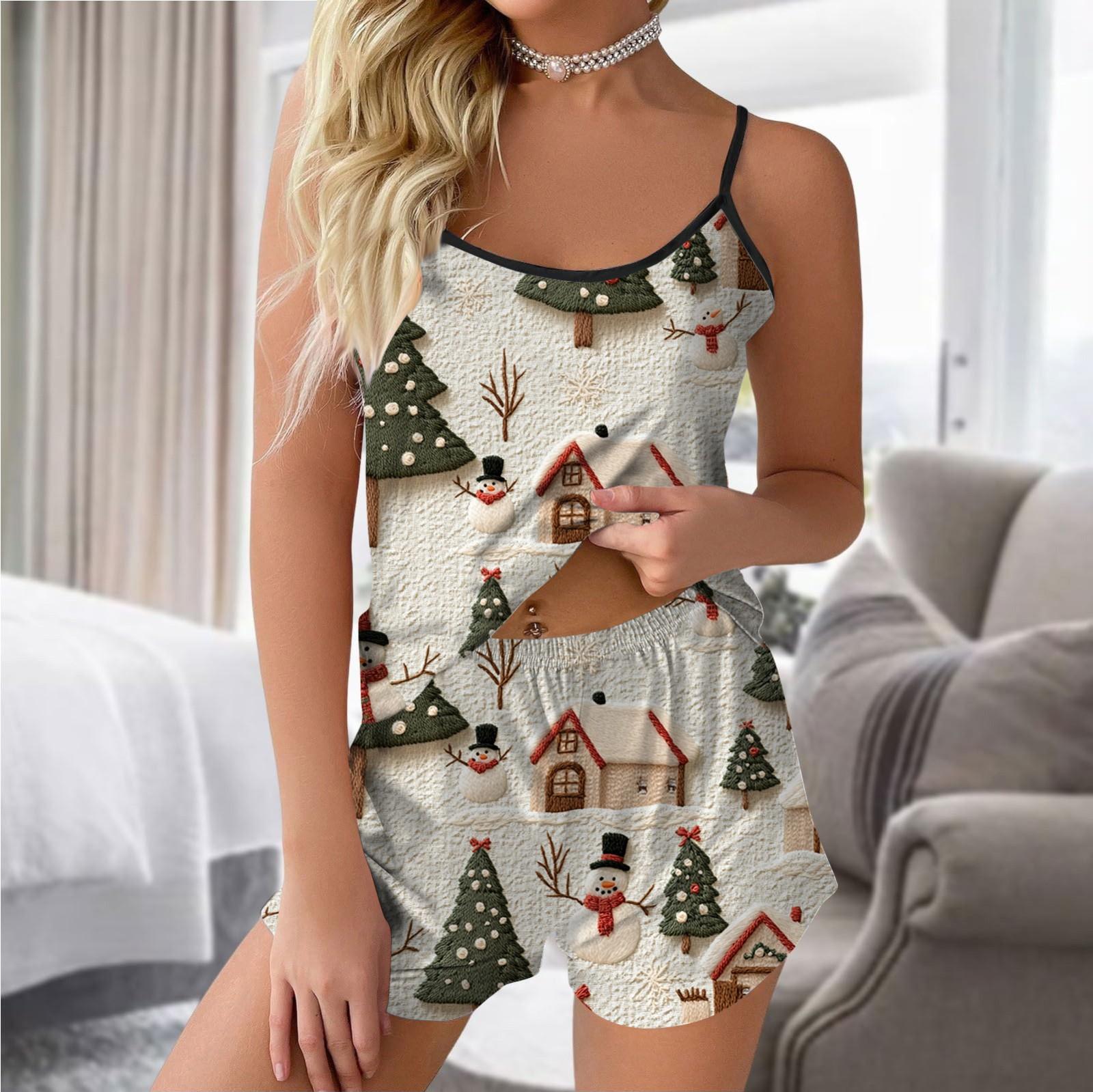 

Женская мода повседневный безрукавный топ шорты пижамный комплект с рождественским принтом XXL хаки