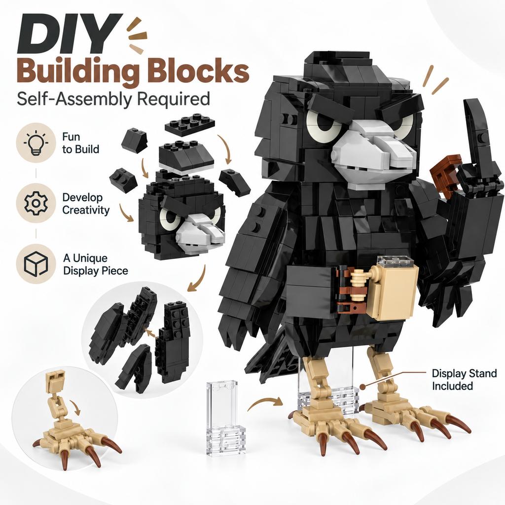 Cute Crow Raven Bird MOC Building Blocks Model, DIY Assemble Bricks Kit, Desktop Table Decor Ornament
